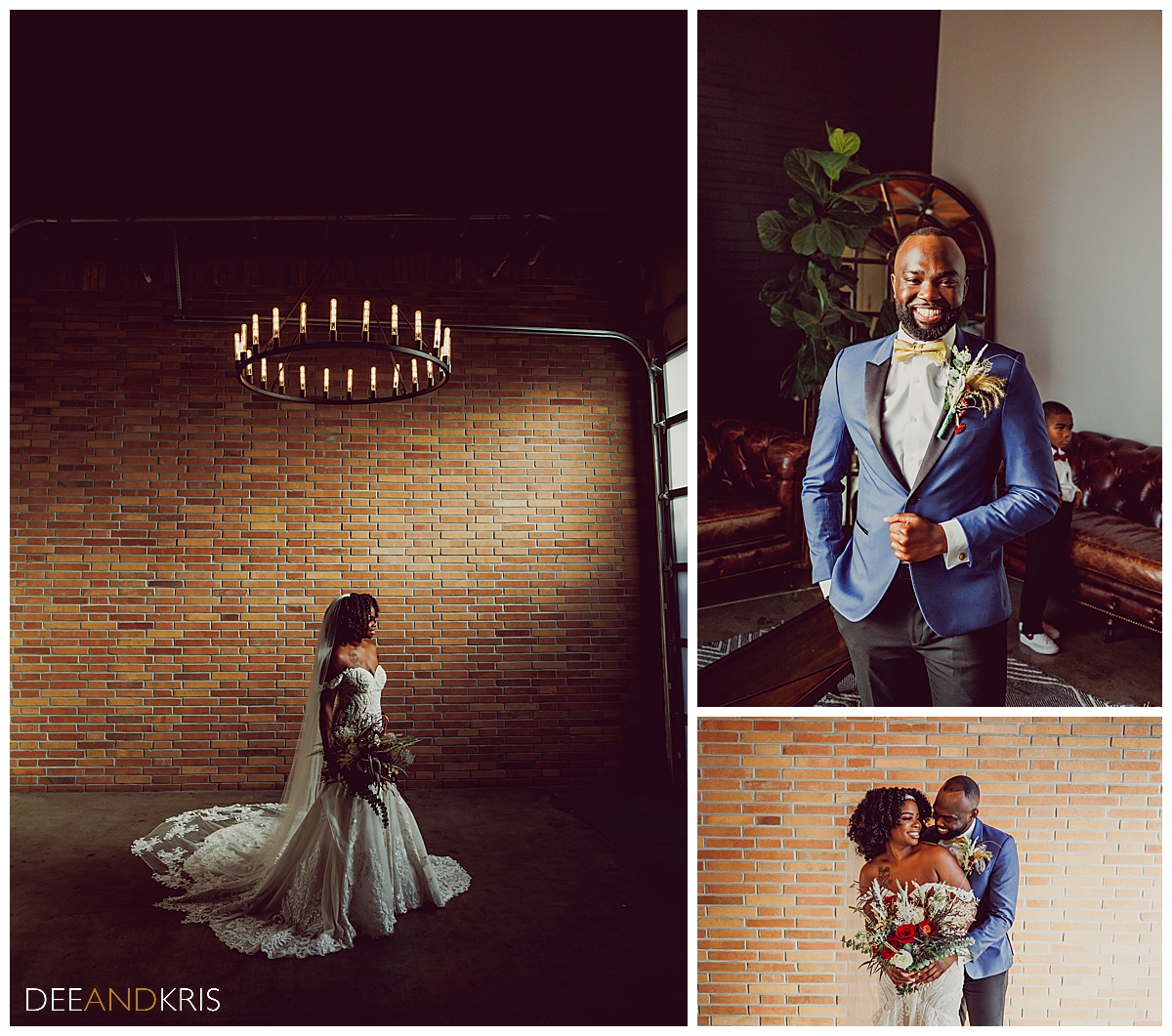 Three images: Left image of bride standing alone in shadow with beam of window light falling on her and chandelier above her. Top right image of Groom looking into camera holding suit jacket with youngest son standing behind him. Bottom right image of bride and groom against brick wall holding each other.