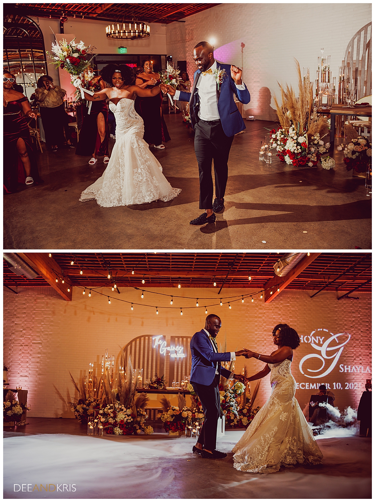 Two images: Top image of bride and groom making their grand entrance. Bottom image of bride and groom dancing under market lights.