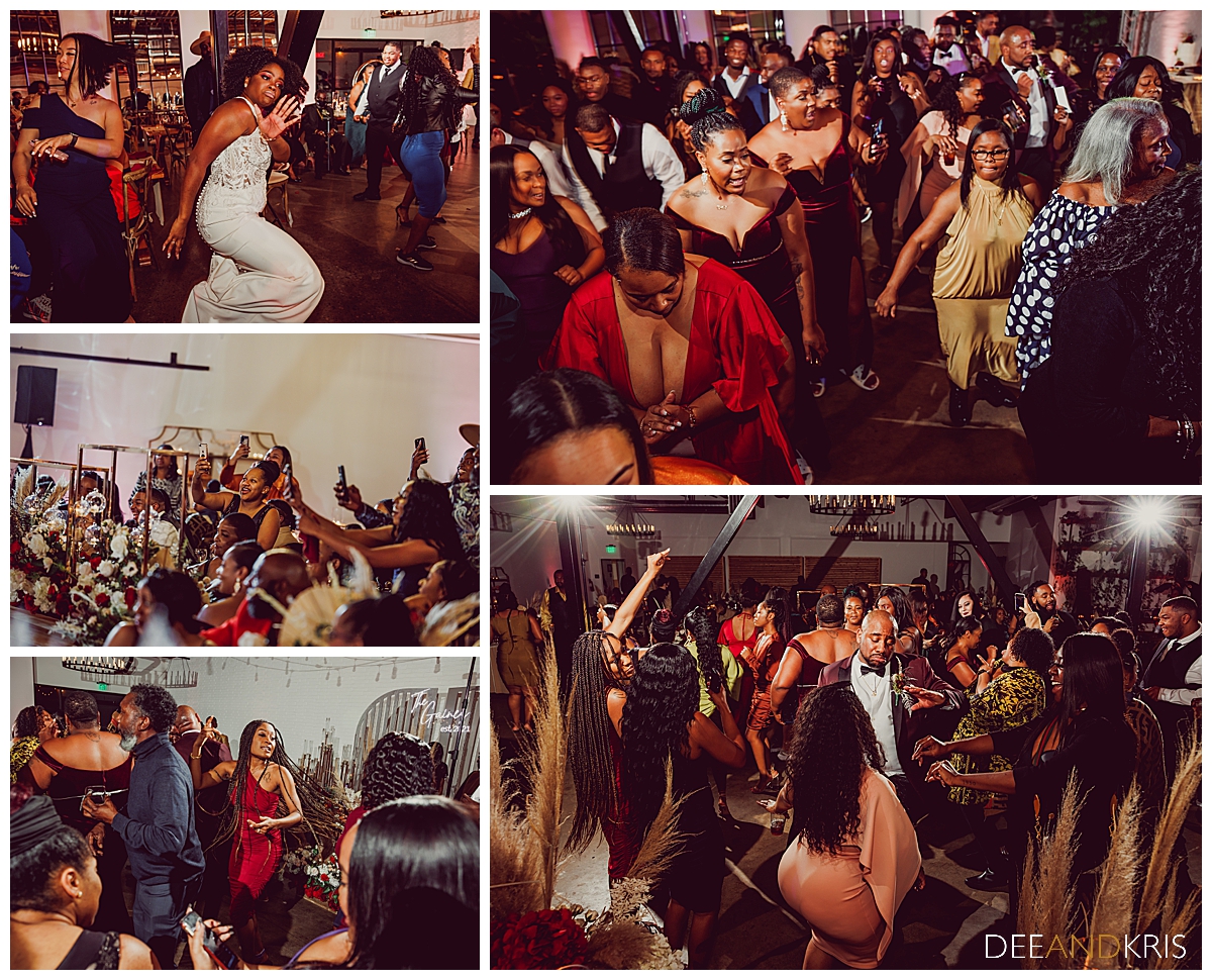 Five images of guests dancing.