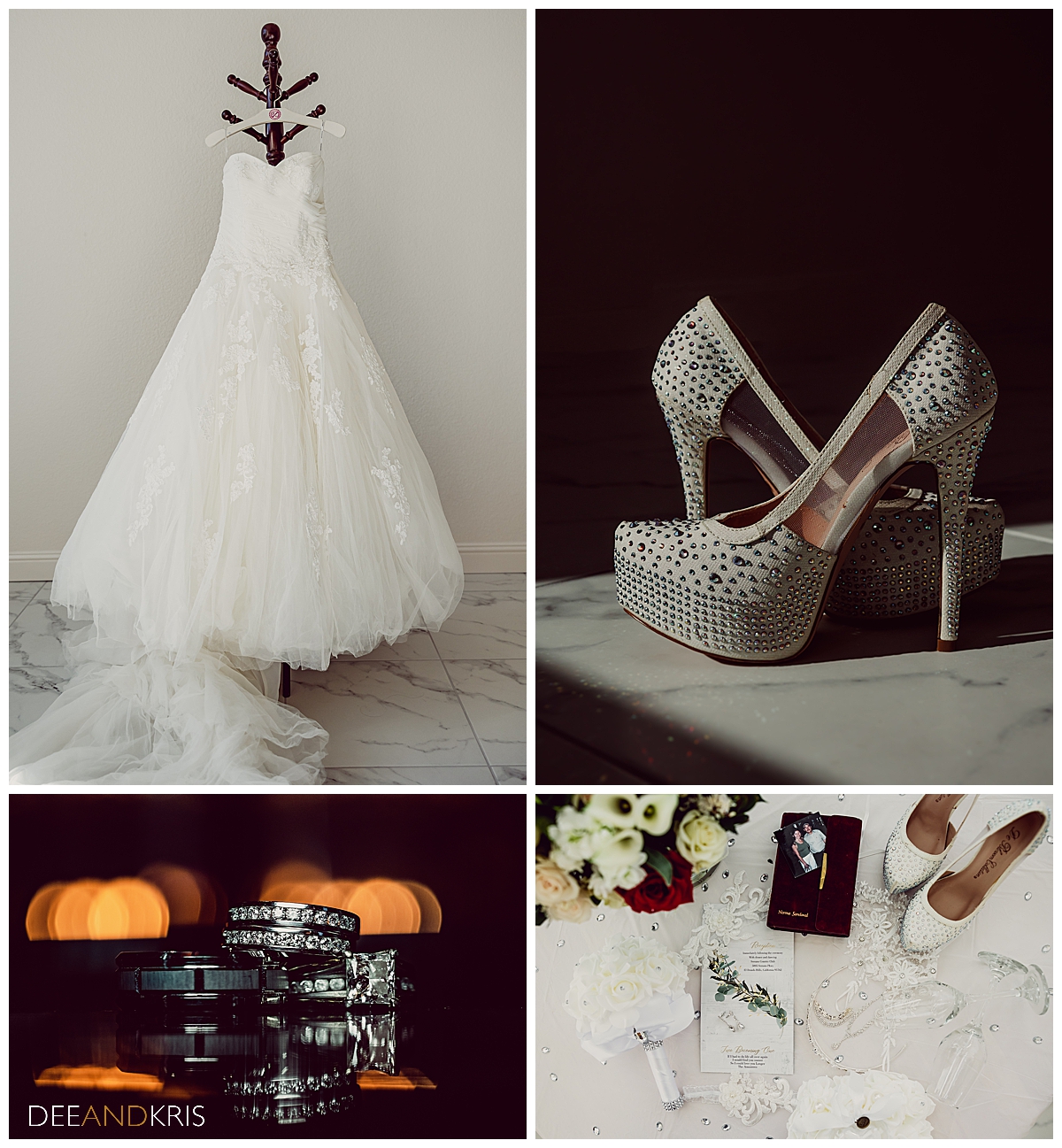 Four images: top left image of dress hanging from coat rack. top right image of bejeweled platform stiletto heels. Bottom left image of of bridal details.