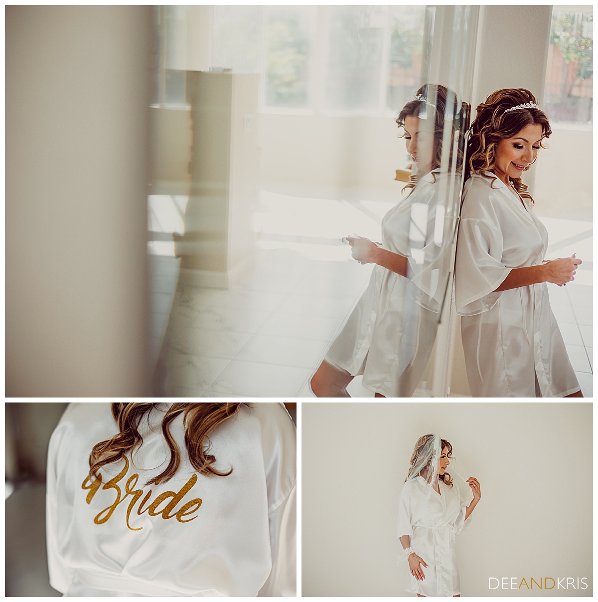 Three images: Top image of bride standing against window with reflection. Bottom left image of bride in silk robe with word "bride" on back. Bottom right image of bride in silk robe and veil looking to the right.