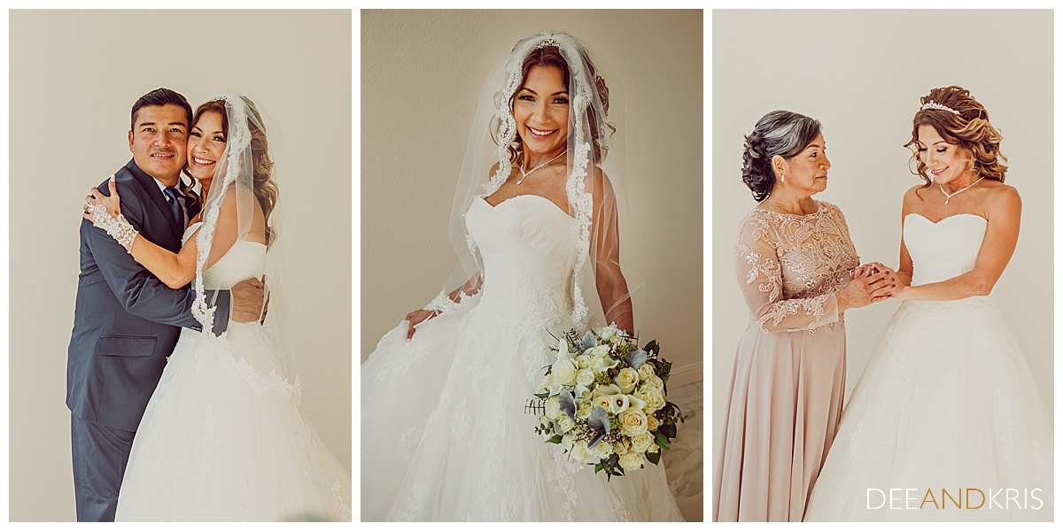 Three images: left image of bride in gown and veil hugging her father. middle image of bride smiling at the camera in gown and veil. Right image of bride in gown and veil holding hands with mother.