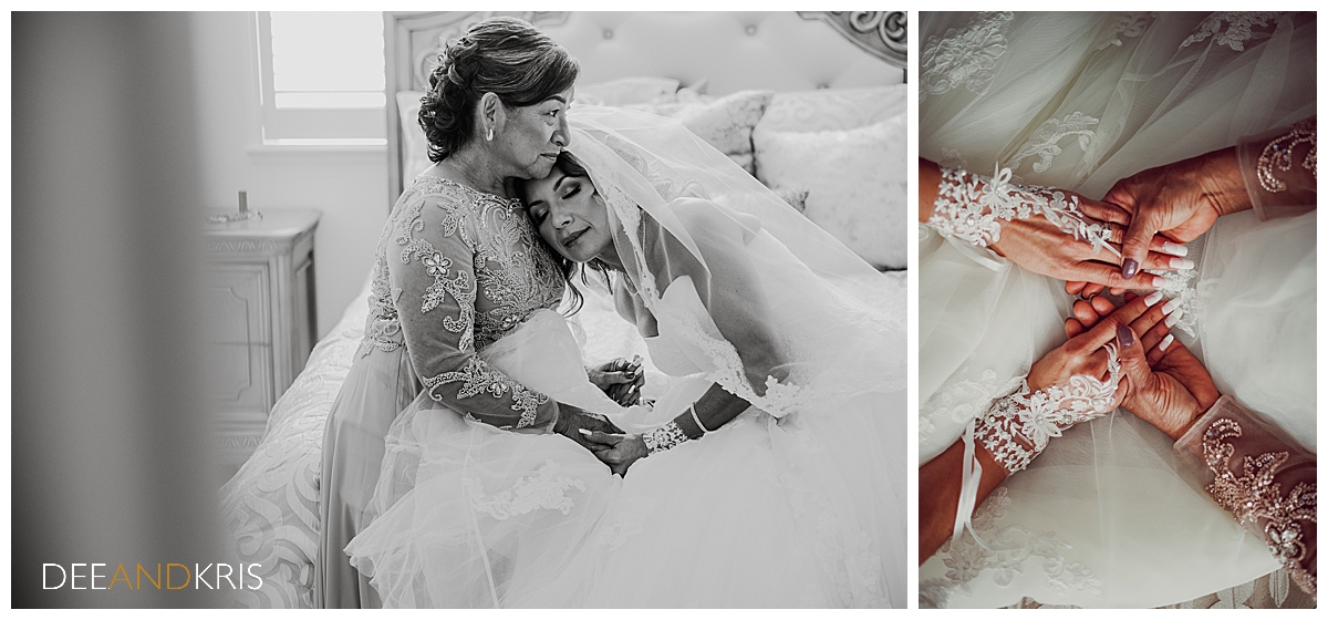 Two images: Left black and white image of bride and mother sitting on bed in a snuggle. Right color image of bride's and her mother's hands together.