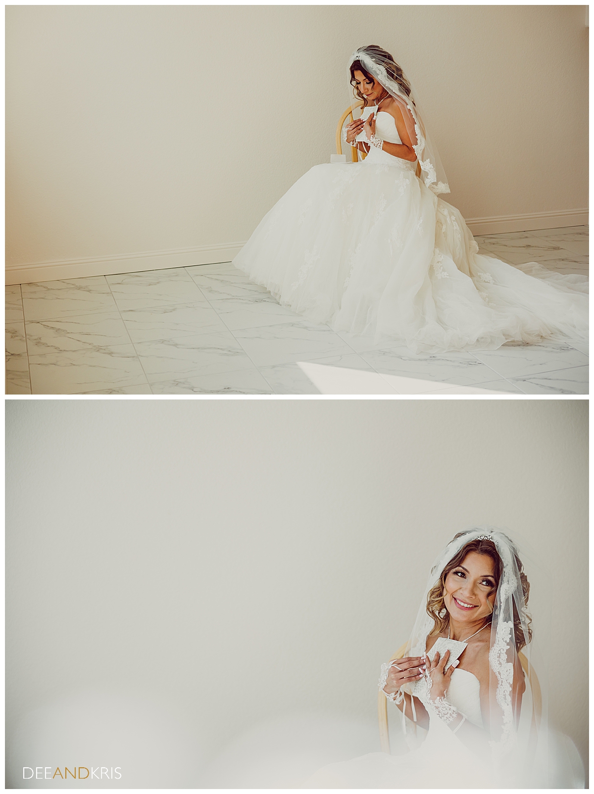 Two images: Top image of bride sitting in a chair holding groom's letter to her chest and looking down. Bottom image of bride looking to side and smiling while holding letter to her heart.
