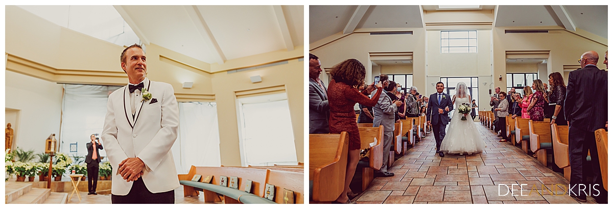Two images: Left image of groom watching bride as she walks down the aisle. Right image of bride and father walking down the aisle.