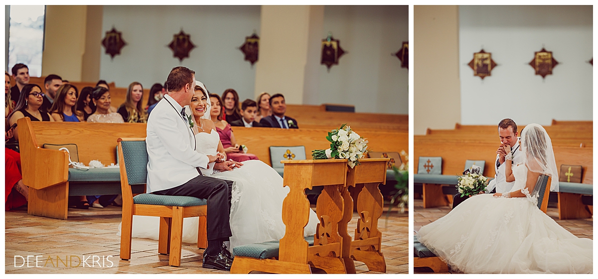 Two images: left image of bride and groom seated at altar and smiling at each other. Right image of groom kissing bride's hand.
