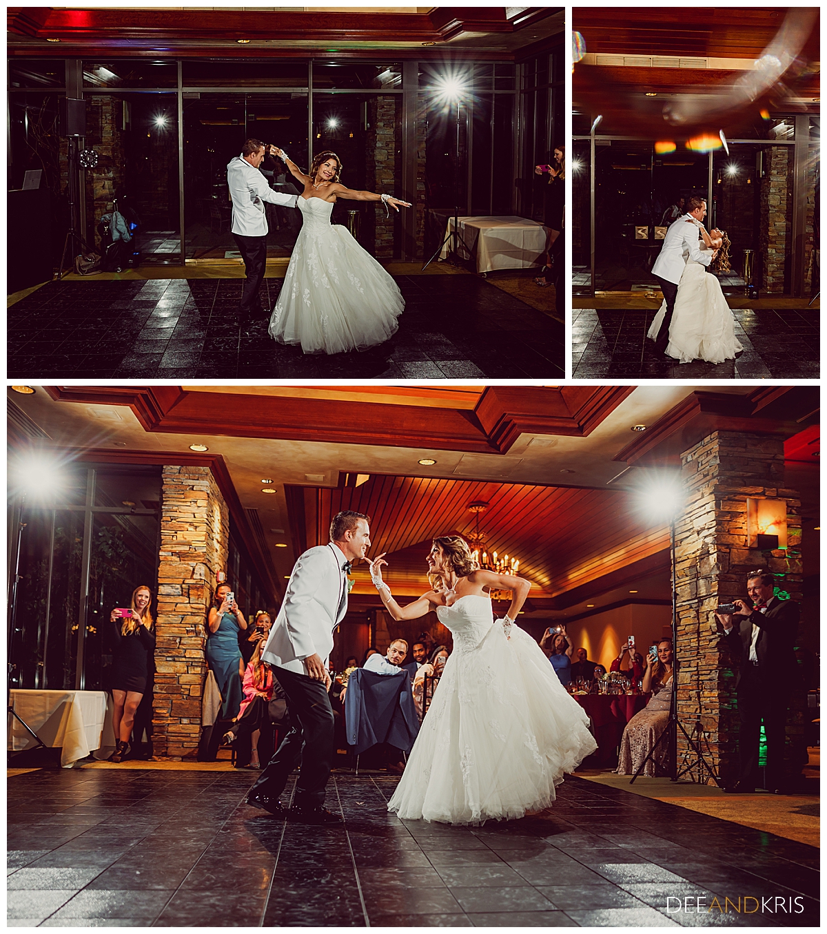 Three images of bride and groom in choreographed dance.