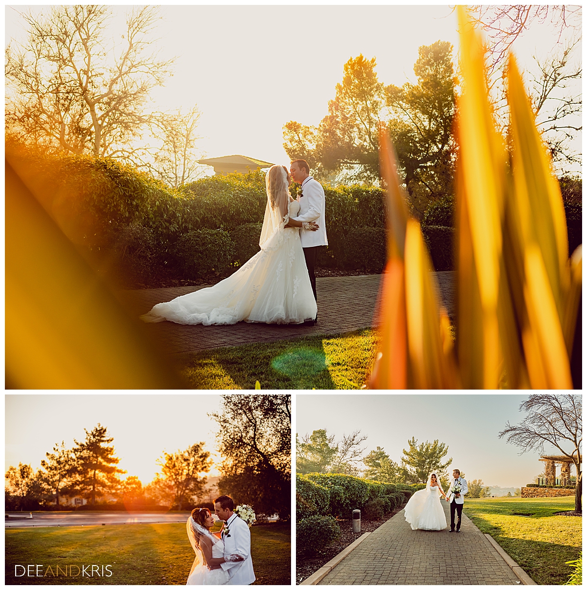 Three images: Top POV image from behind bushes of bride and groom kissing in sunset light. Bottom left of sun shining on bride and groom as it sets. Bottom right image of bride and groom walking down brick path while holding hands.