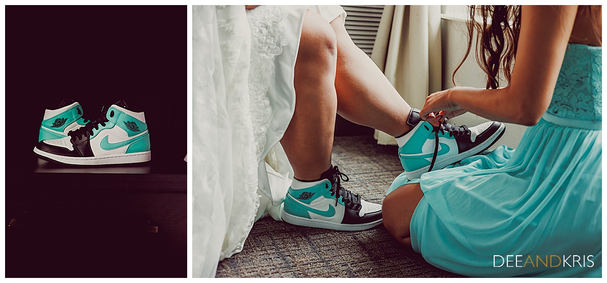 Two images: Left image of bride's teal Air Jordans. Right image of bridesmaid helping bride put on her shoes.