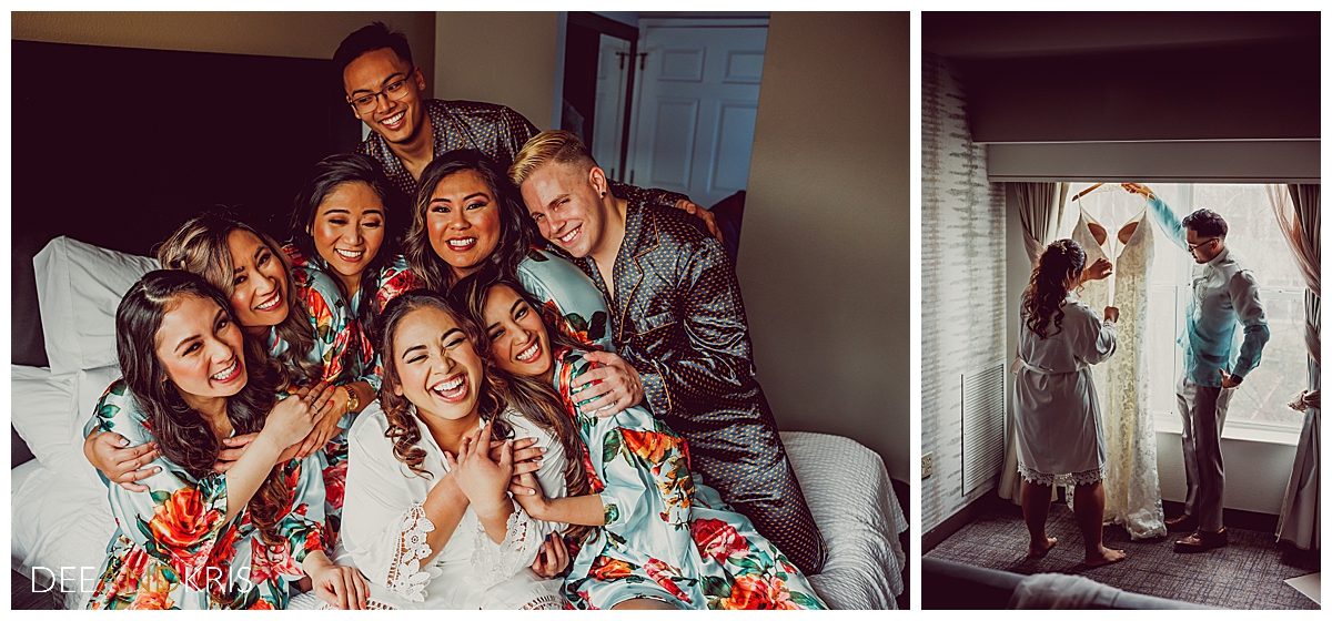 Two images: Left image of bride with bridal party squeezed together on bed in matching floral silk robes. Right image of Man of Honor helping bride into her gown.