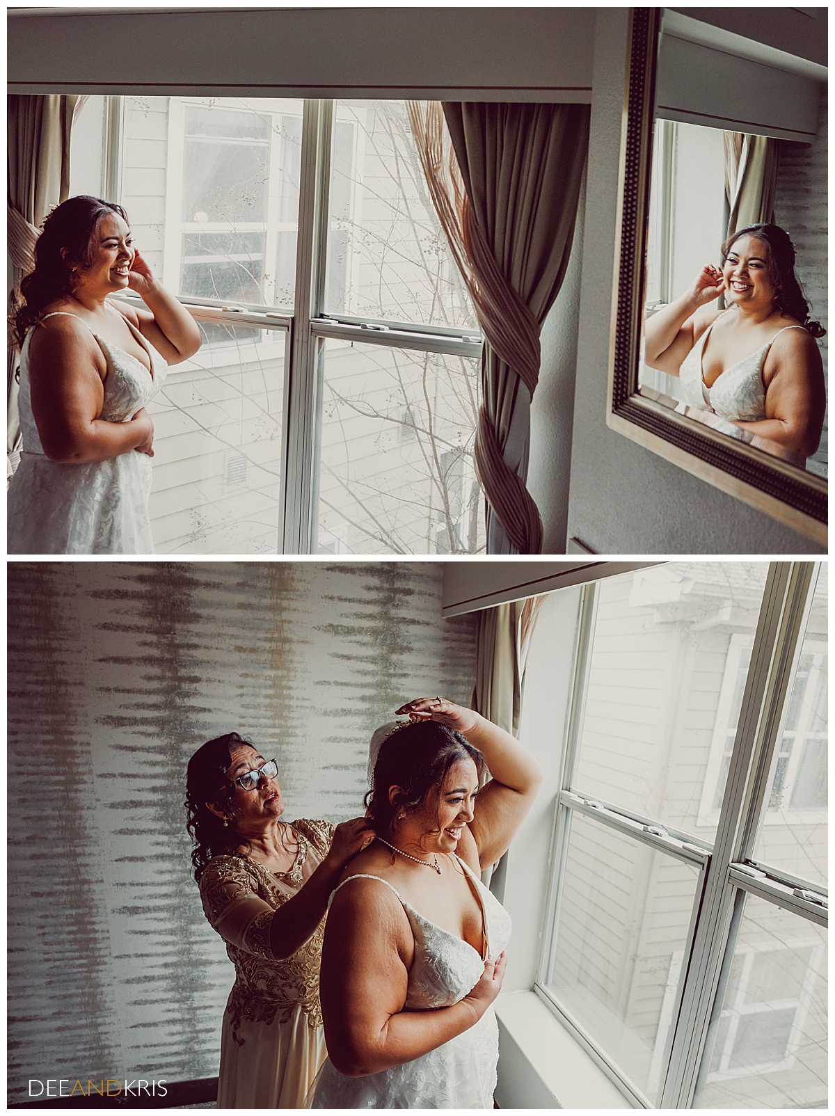 Two images: Top image of bride in mirror putting on earrings. Bottom image of mother-of-bride helping bride put on her necklace in front of a window.