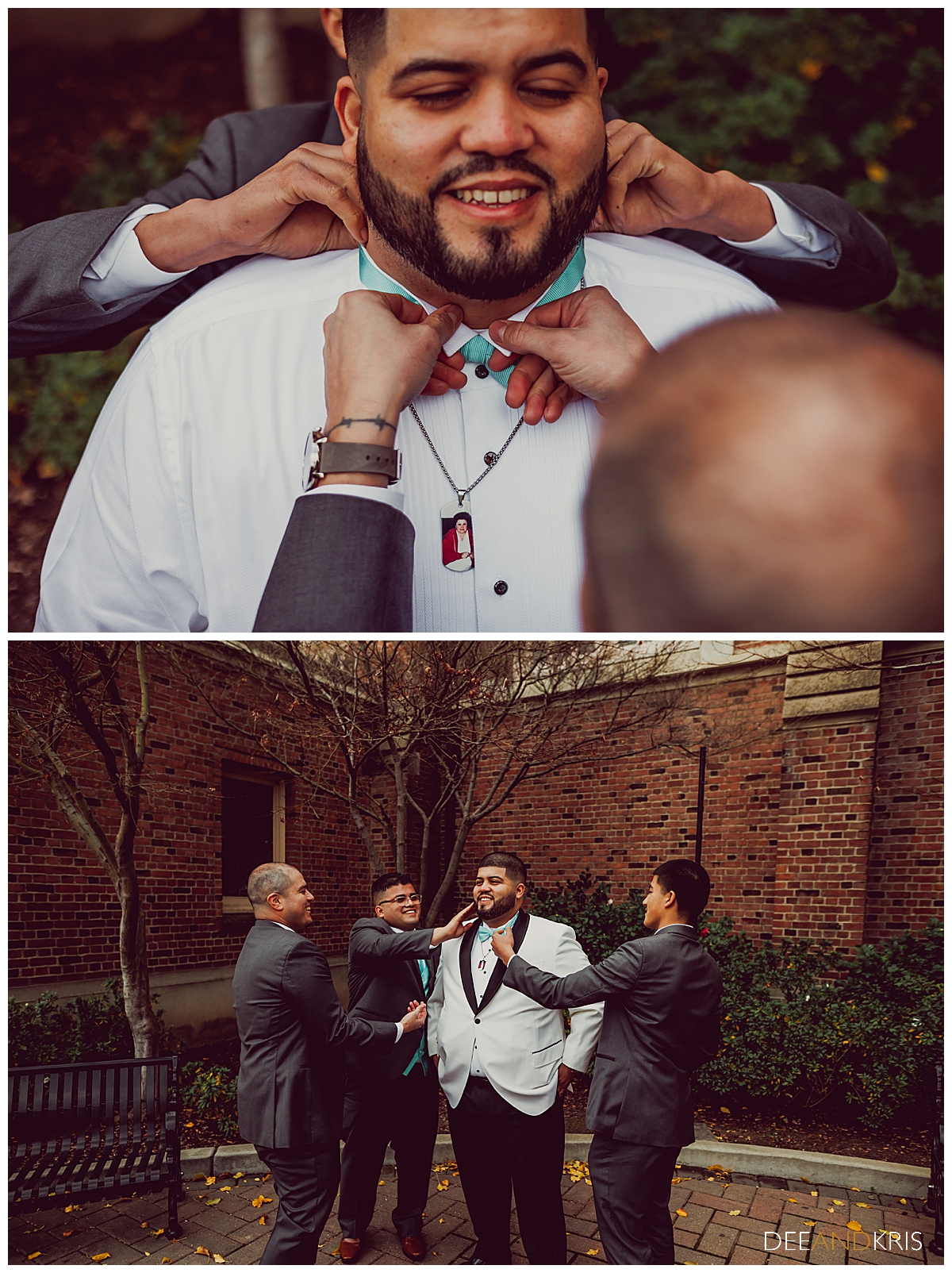 Two images: Top image of groomsmen helping groom put on his bowtie. Bottom image of groom being calmed down by groomsmen.