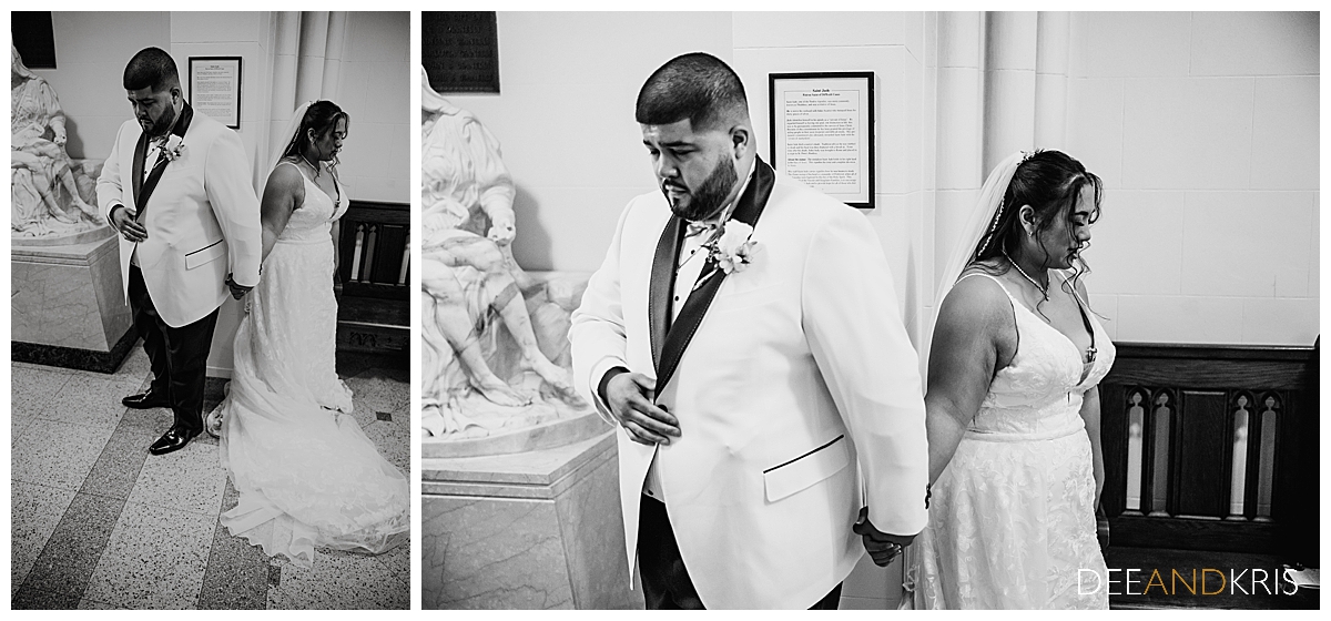 Two black and white images: Left and right images of bride and groom holding hands while back-to-back in prayer.