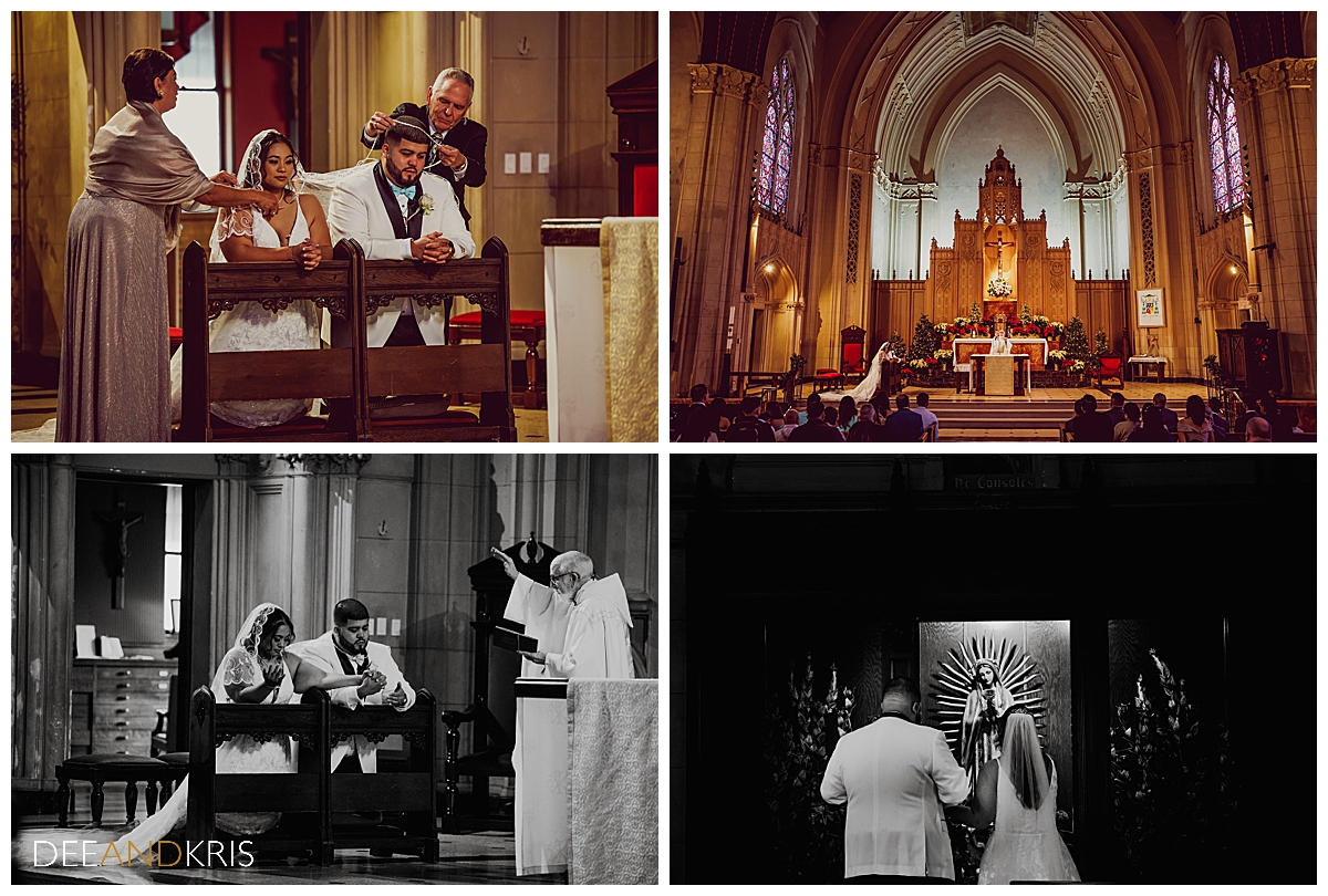 Four images: Top left color image of unity lasso ceremony. Top right color image wide-shot of the Cathedral of the Annunciation altar. Bottom left black and white image of couple kneeling in prayer with priest performing a blessing. Bottom right black and white image of couple presenting Mary statue a flower offering.