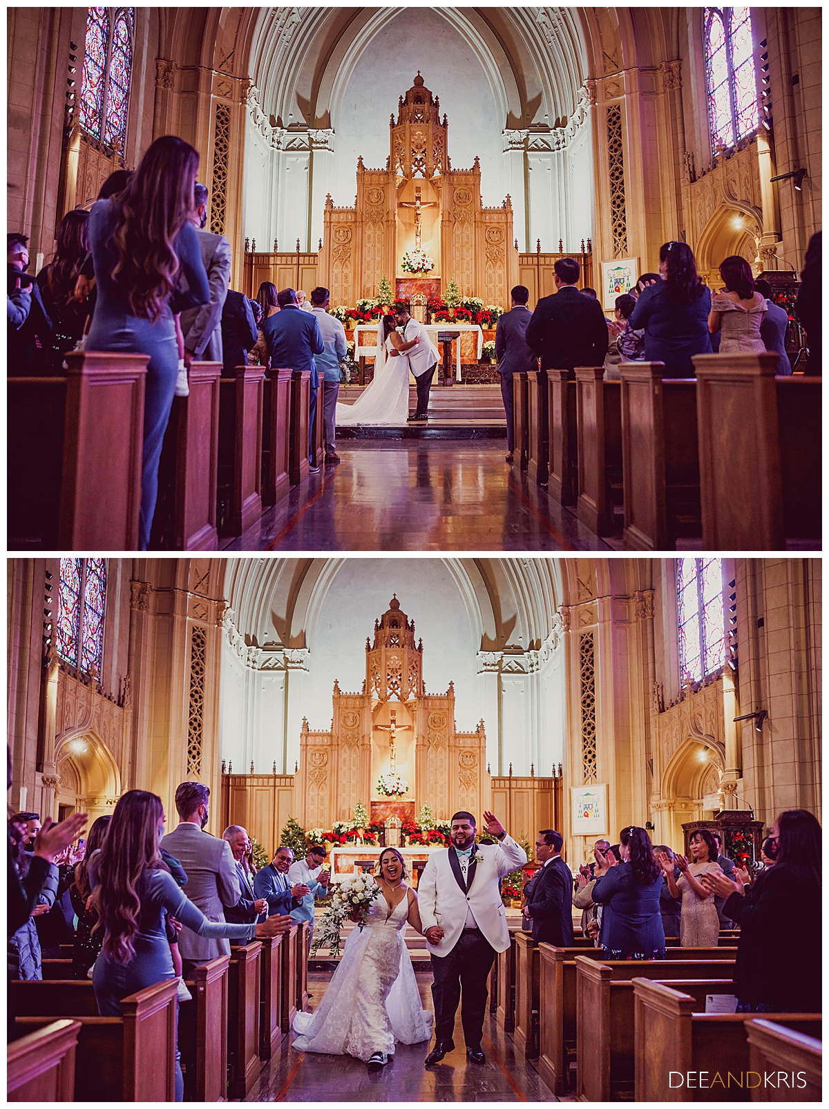 Two images: Top image of first married kiss at front of altar at The Cathedral of the Annunciation. Bottom image of recessional with couple celebrating.