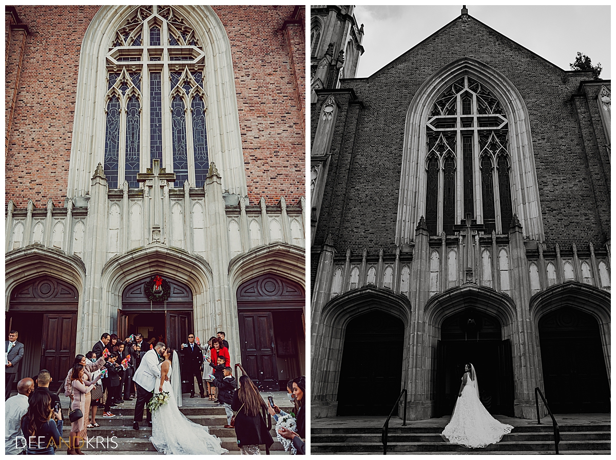Two images: Left color image of couple kissing on steps of the Cathedral of the Annunciation. Right black and white image of bride standing in front of the Cathedral of the Annunciation with her back to camera looking over her shoulder.