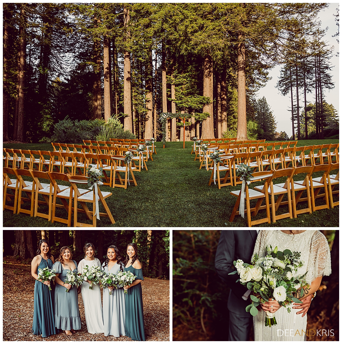 Three images: Top image of venue lawn with redwood trees behind it. Left bottom image of bride and bridesmaids holding bouquets. Bottom right image of bride's bouquet for Tie The Knot: Dream Wedding Guide blog post.