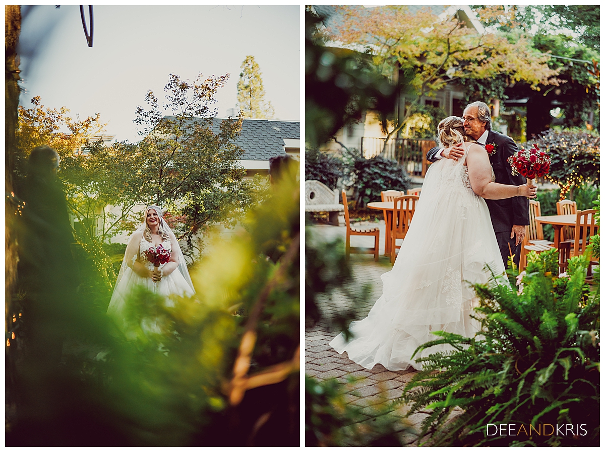 Two images: Left POV image of bride in garden framed by bushes. Right image of father-of-the-bride hugging bride after First Look Session.