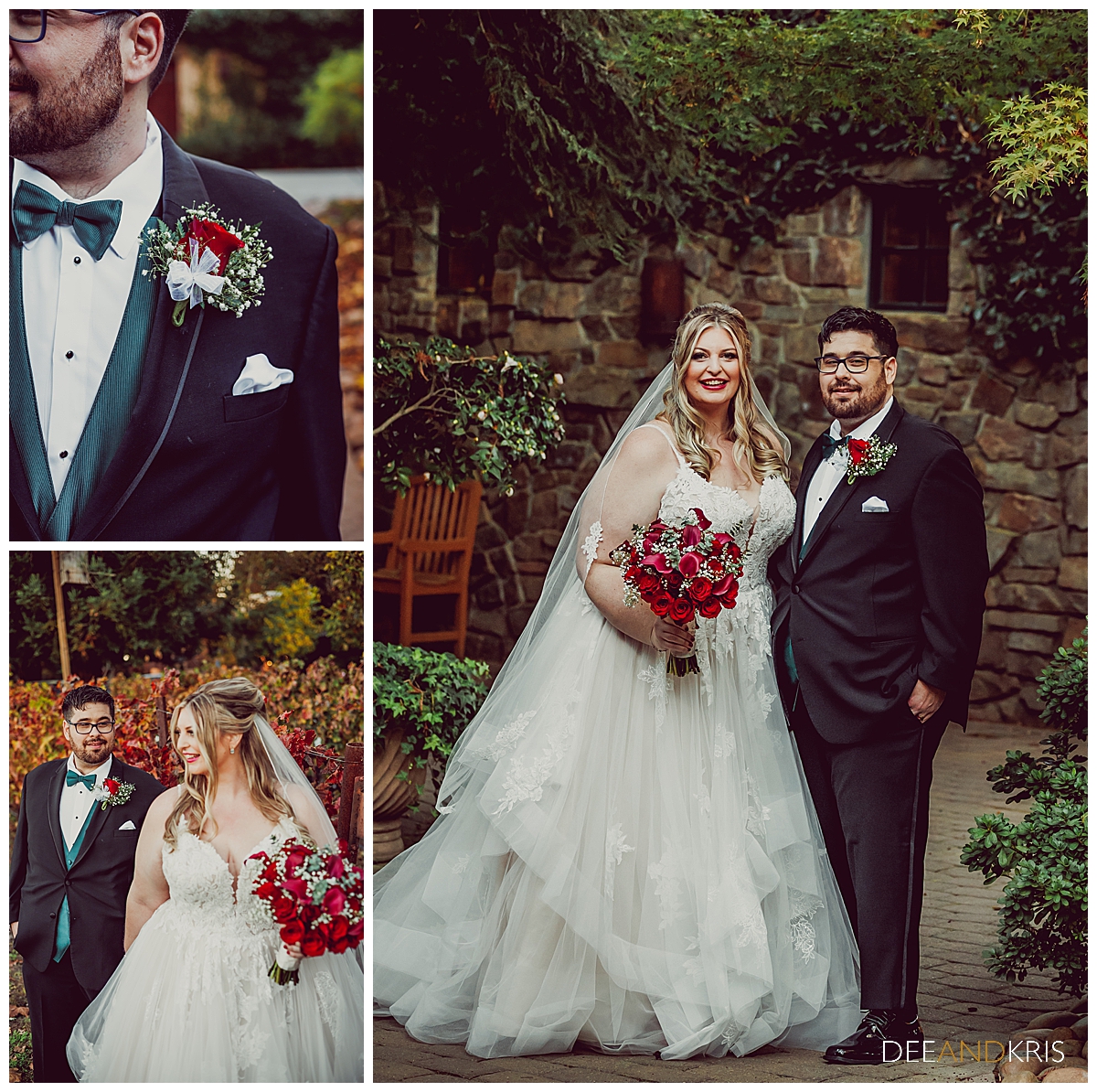 Three images: Top left image of groom's boutonniere. Bottom left image of groom standing behind bride looking at her and bride looking off to left. Right image of bride and groom standing together in garden looking at camera.