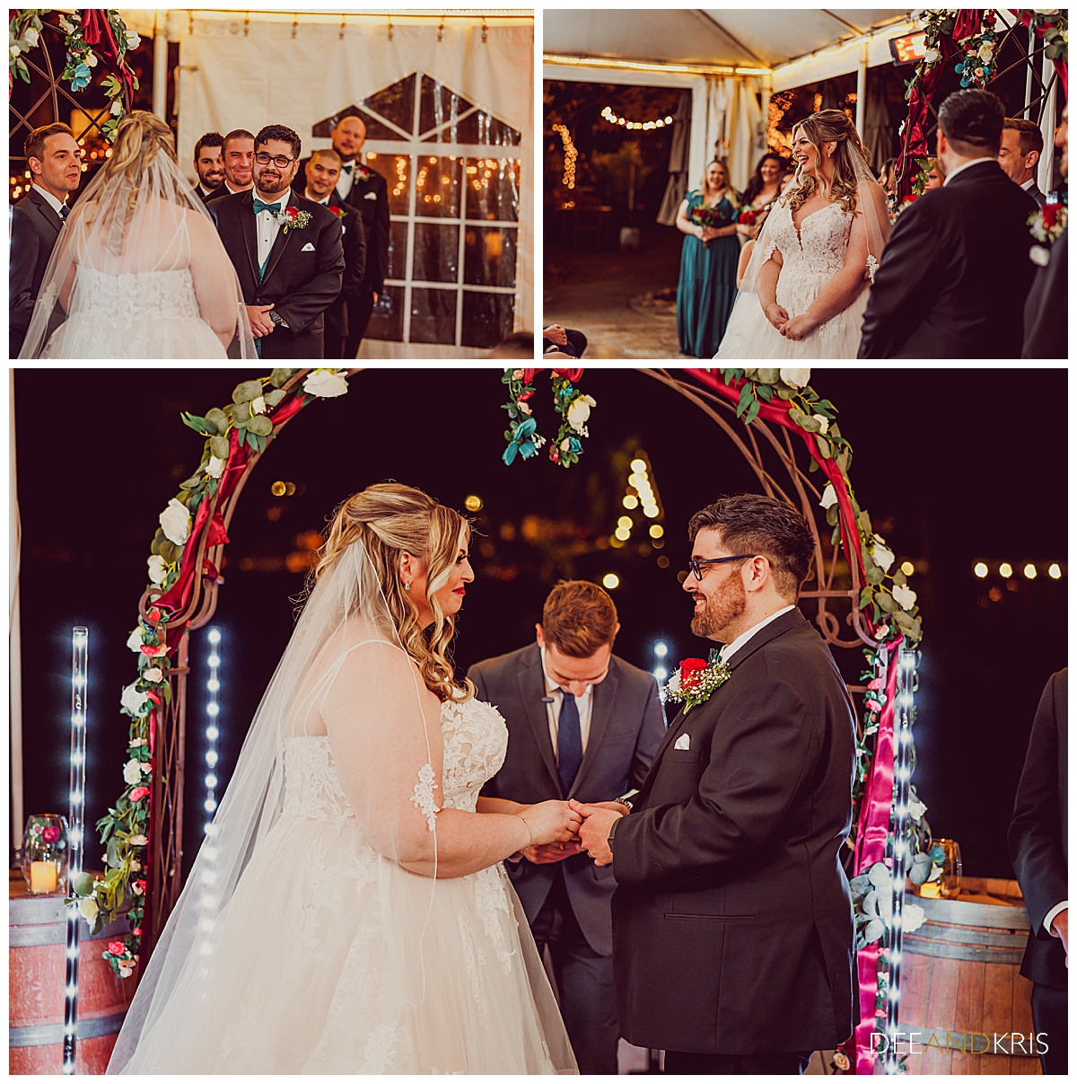 Three images: Top left image of groom saying vows with groomsmen watching behind him. Top right image of bride laughing as she looks at guests while saying vows. Bottom image of ring exchange.