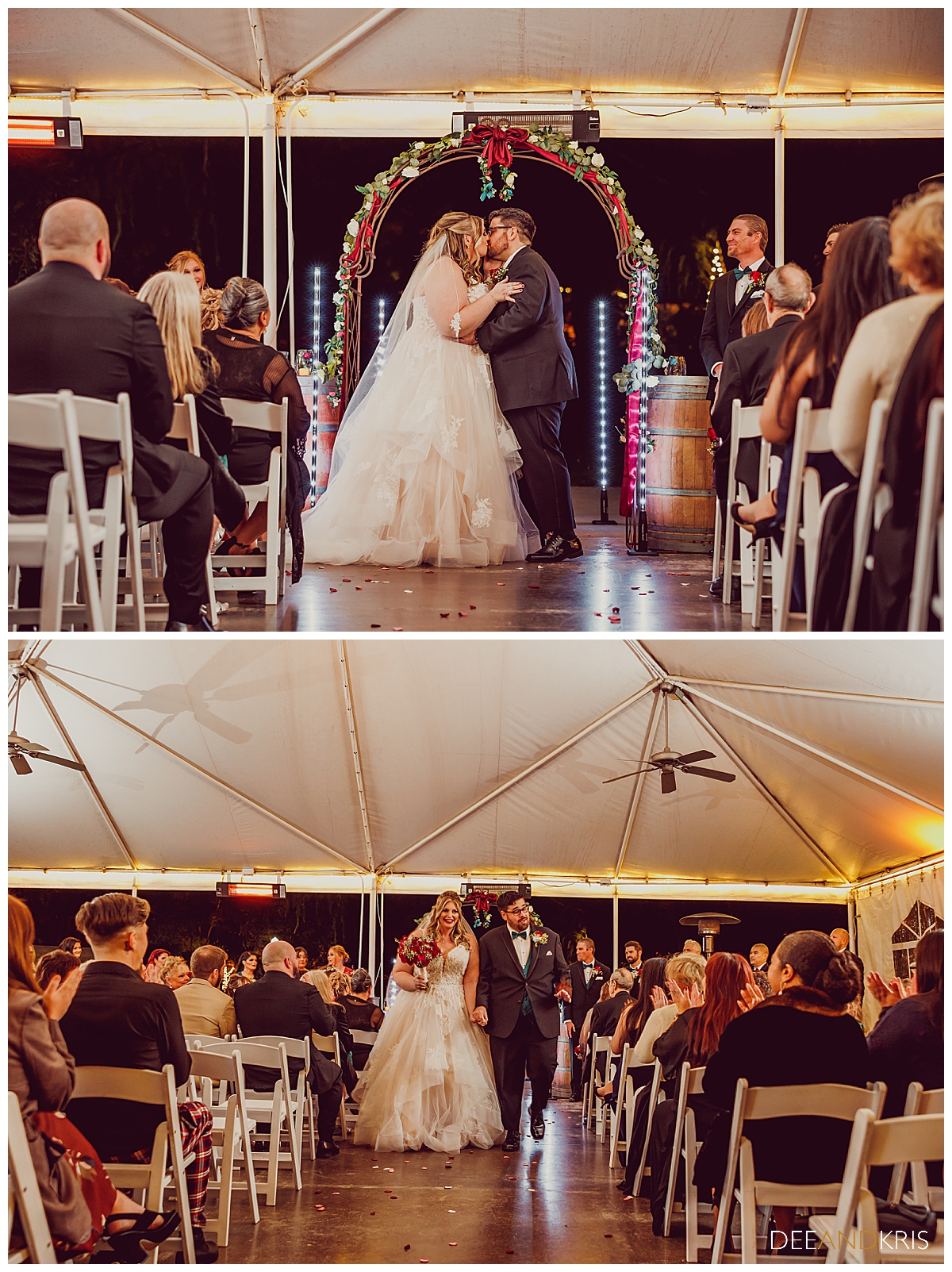 Two images: Toop image of bride and groom's first kiss. Bottom image of bride and groom's recessional.