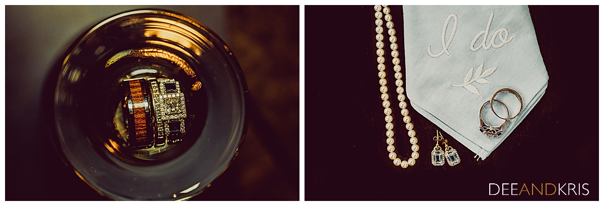 Two images: Left image of rings in glass dish. Right image of wedding jewelry details.