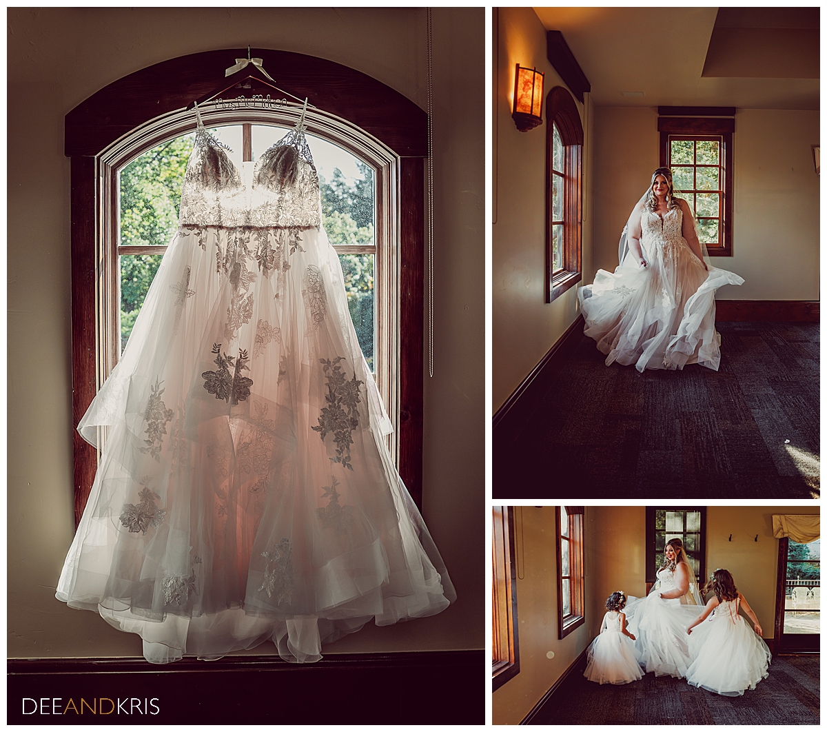 Three images: Left image of bride's dress hanging in arched window. Right top image of bride in her dress twirling the layers in front of window. Right bottom image of Bride with two flower girls twirling in their dresses in front of window.