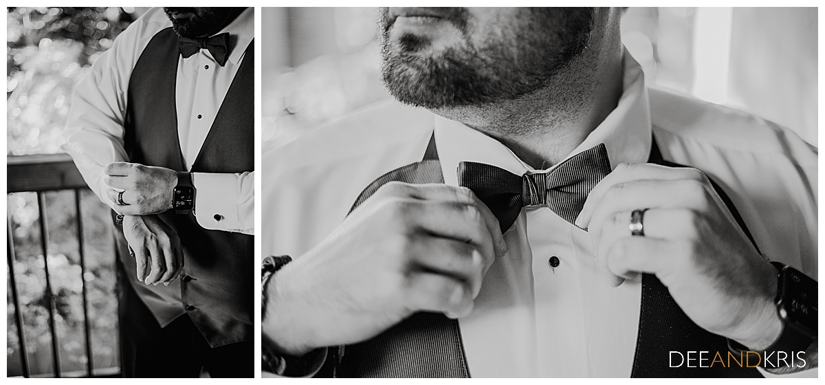 Two black-and-white images: Left image of groom putting on cufflinks. Right image close-up of groom adjusting bow tie.