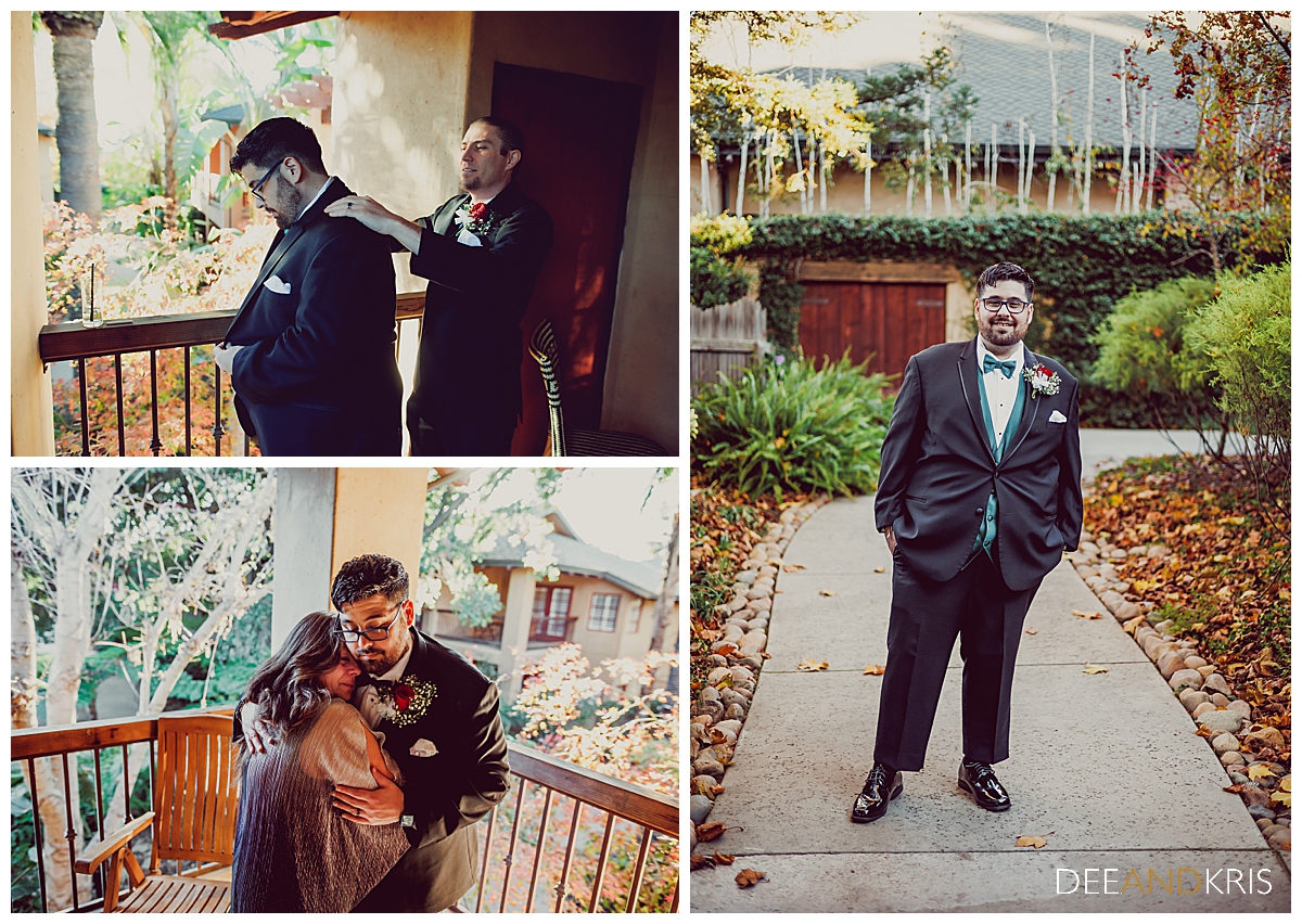 Three images:: Top left image of groomsman helping groom with his suit jacket. Bottom left image of groom hugging mother. Right image of groom looking at camera and posing.