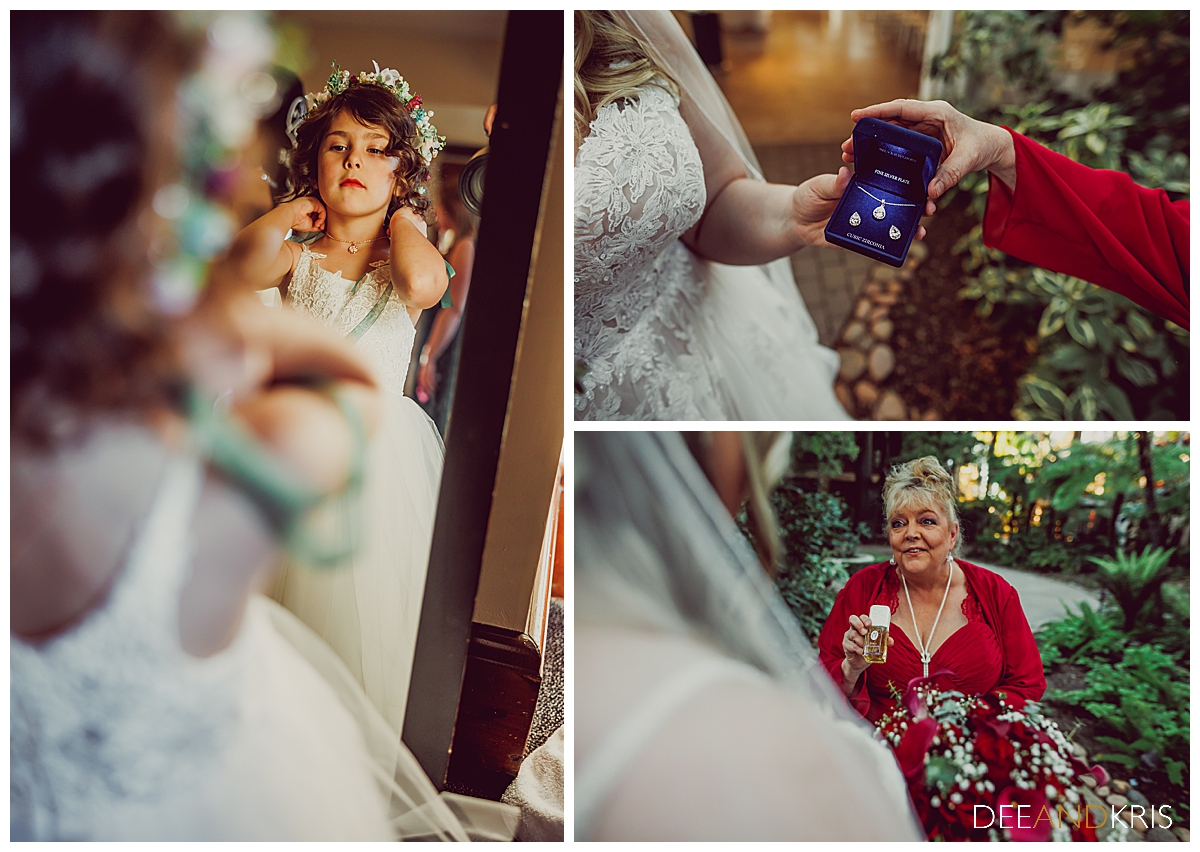 Three images: Left image of flower girl i mirror reflection adjusting necklace. Top right image of bride's gift to mother. Bottom right image of mother-of-bride giving bride a gift.