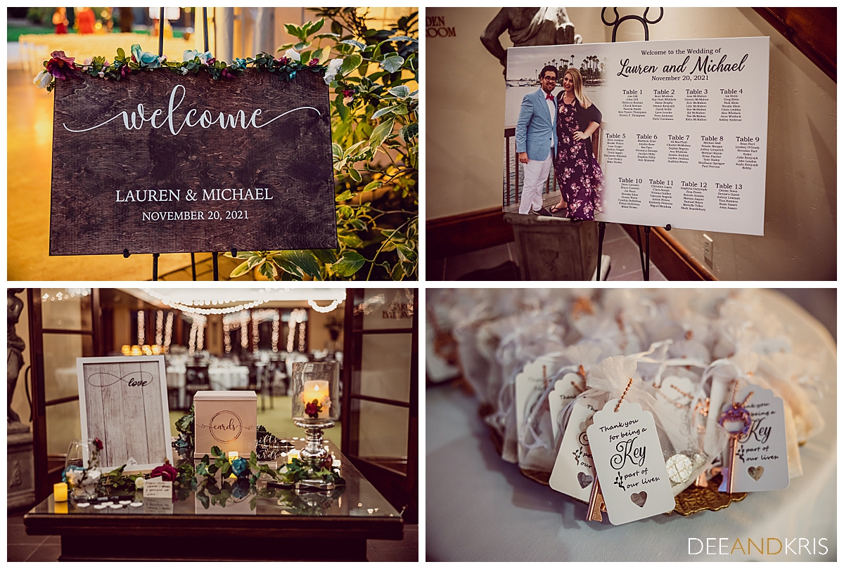Four images of wedding signage and favors.