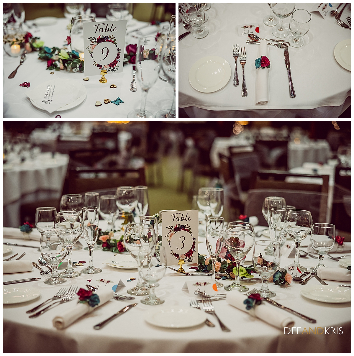 Three images: Top left image of table number sign and decorations. Top right image of place settings. Bottom image of tabletop and settings.