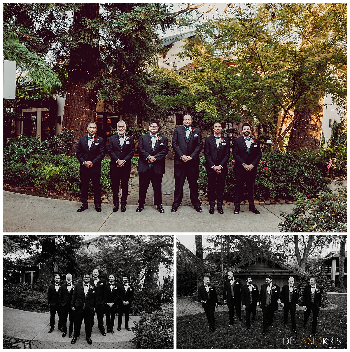 Three images: Top color image of groom standing in a line with groomsmen in wedding party pose.
Bottom left black-and-white image of groom standing in front of groomsmen with groomsmen behind him in V formation. Bottom right black-and-white image of groom and groomsmen laughing as they walk towards camera.