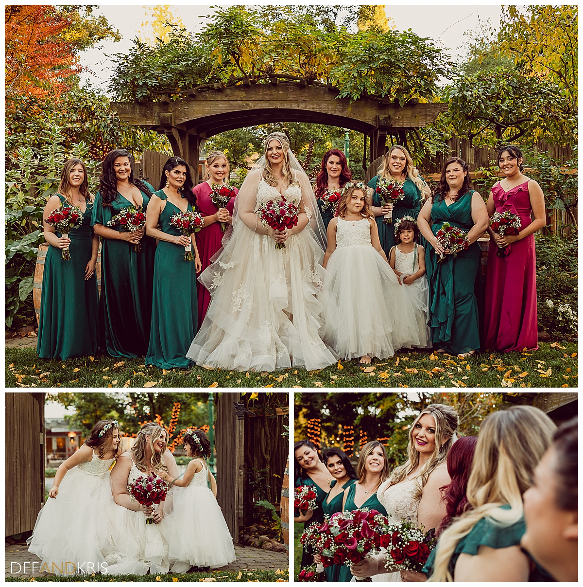 Three images: top image of bride lined up with Bridal Party. Bottom left image of bride kneeling down laughing with two flower girls. Bottom right DOF image of bride and bridesmaids looking at each other.
