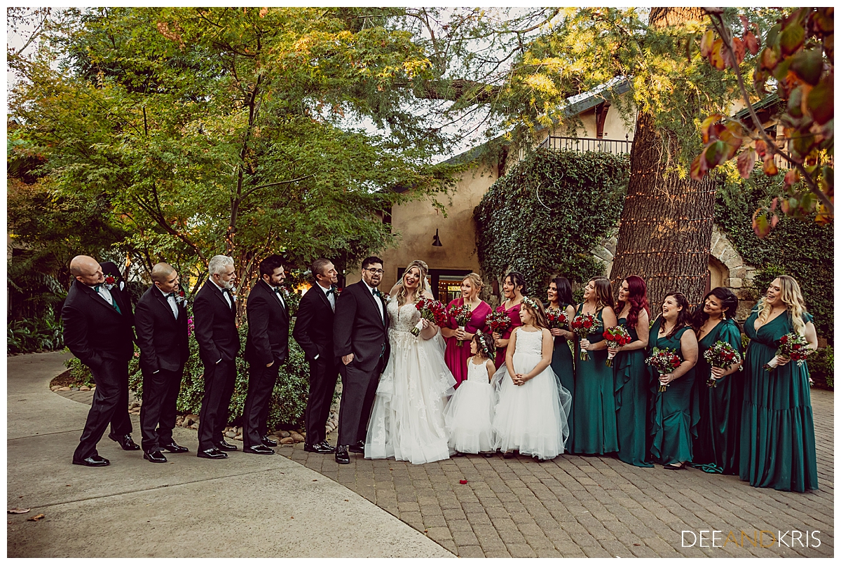 Single image of entire wedding party lined up and looking at bride and groom while they look at camera.