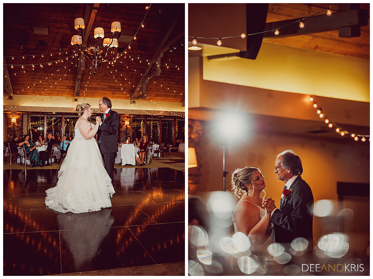 Two images:  Left image of bride dancing with father. Right POV image from behind wine glasses of bride and father dancing.