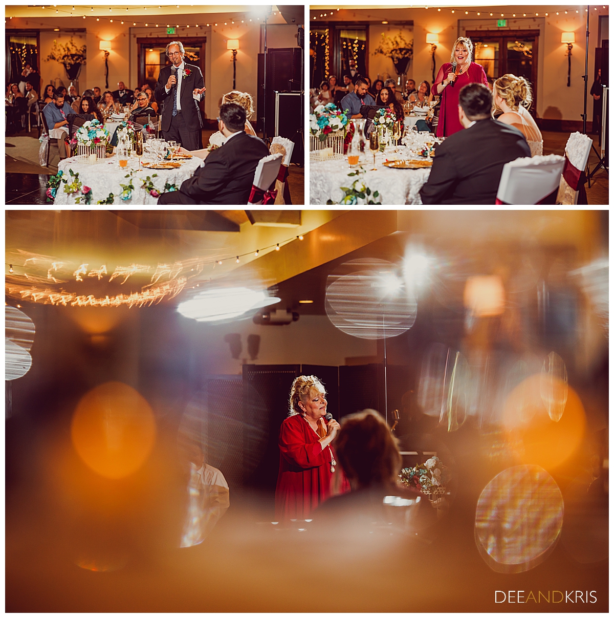 Three images: Top left image of father-of-bride giving toast. Top right image of mother-of-bride giving toast. Bottom image of mother-of-bride singing to couple.