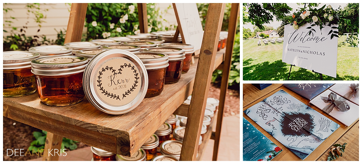 Three images: Left image of personalized honey jar favors. Top right image of personalized welcome sign. Bottom right image of invitations and wedding program for Tie The Knot: Dream Wedding Guide blog post.