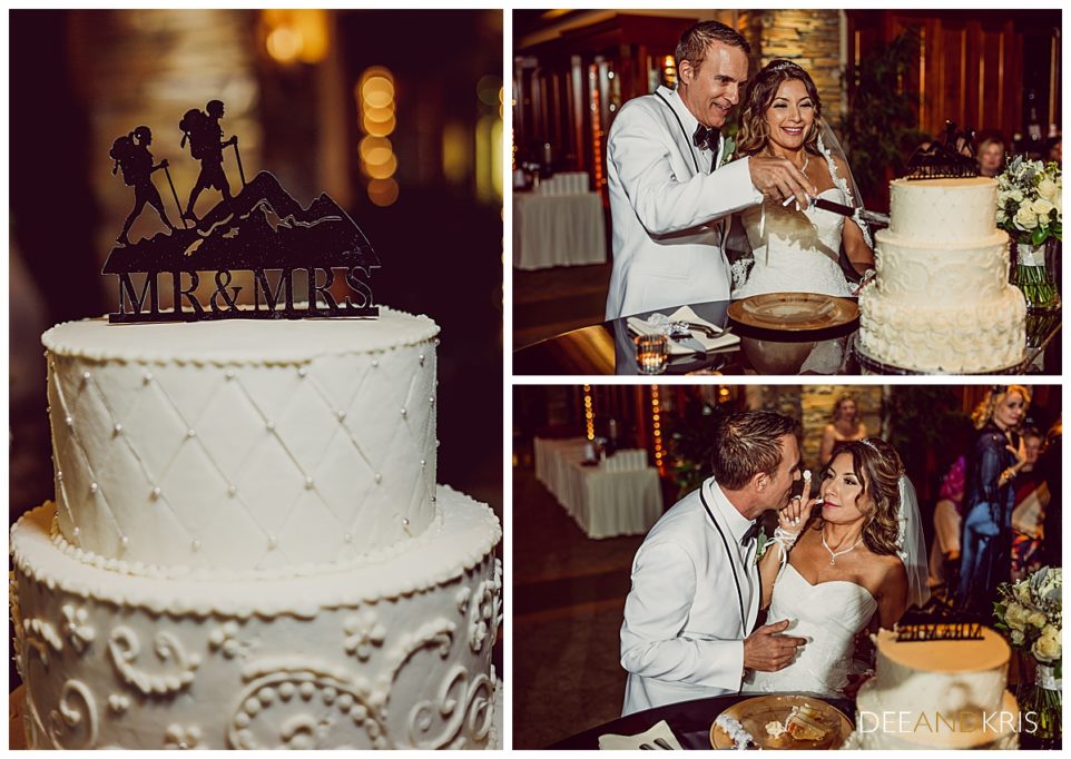 Three images: Left image close-up of cake. Top right image of couple cutting the cake. Bottom right image of bride putting icing on groom's nose.