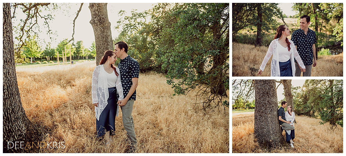 Three images: Left image of couple kissing while standing in tall dried grass. Top right image of couple walking through grass. Bottom right image of couple leaning against tree looking at each other.
