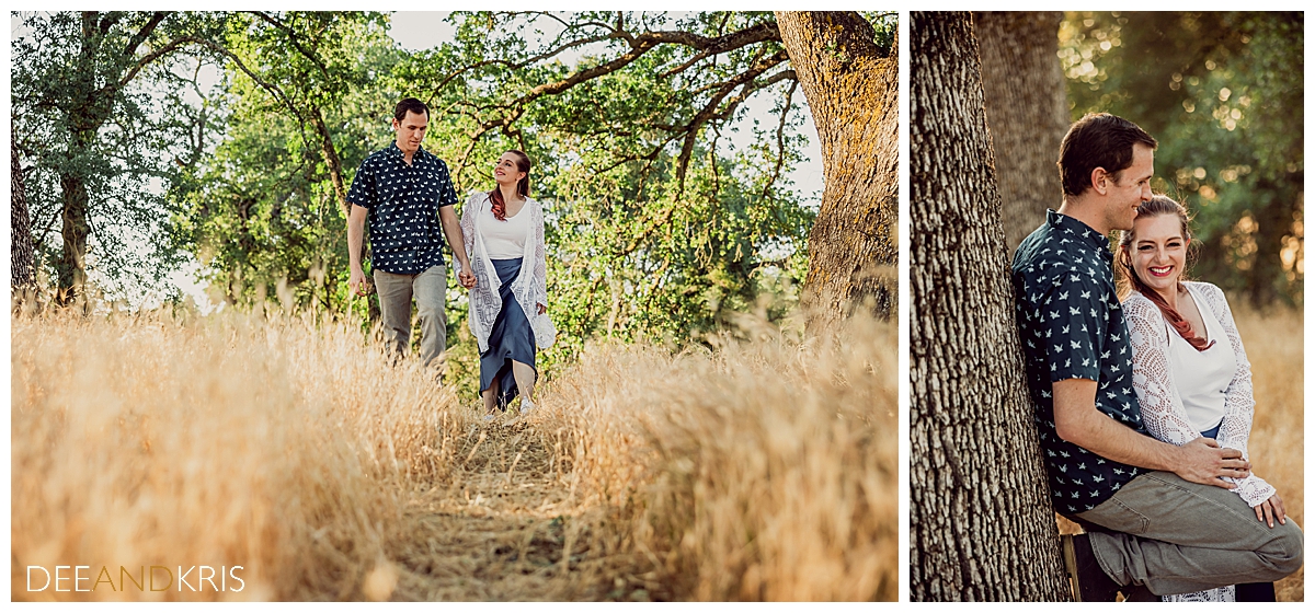 Two images: Left image of couple walking along path towards camera holding hands as they look at each other. Right image of couple leaning against tree laughing together.