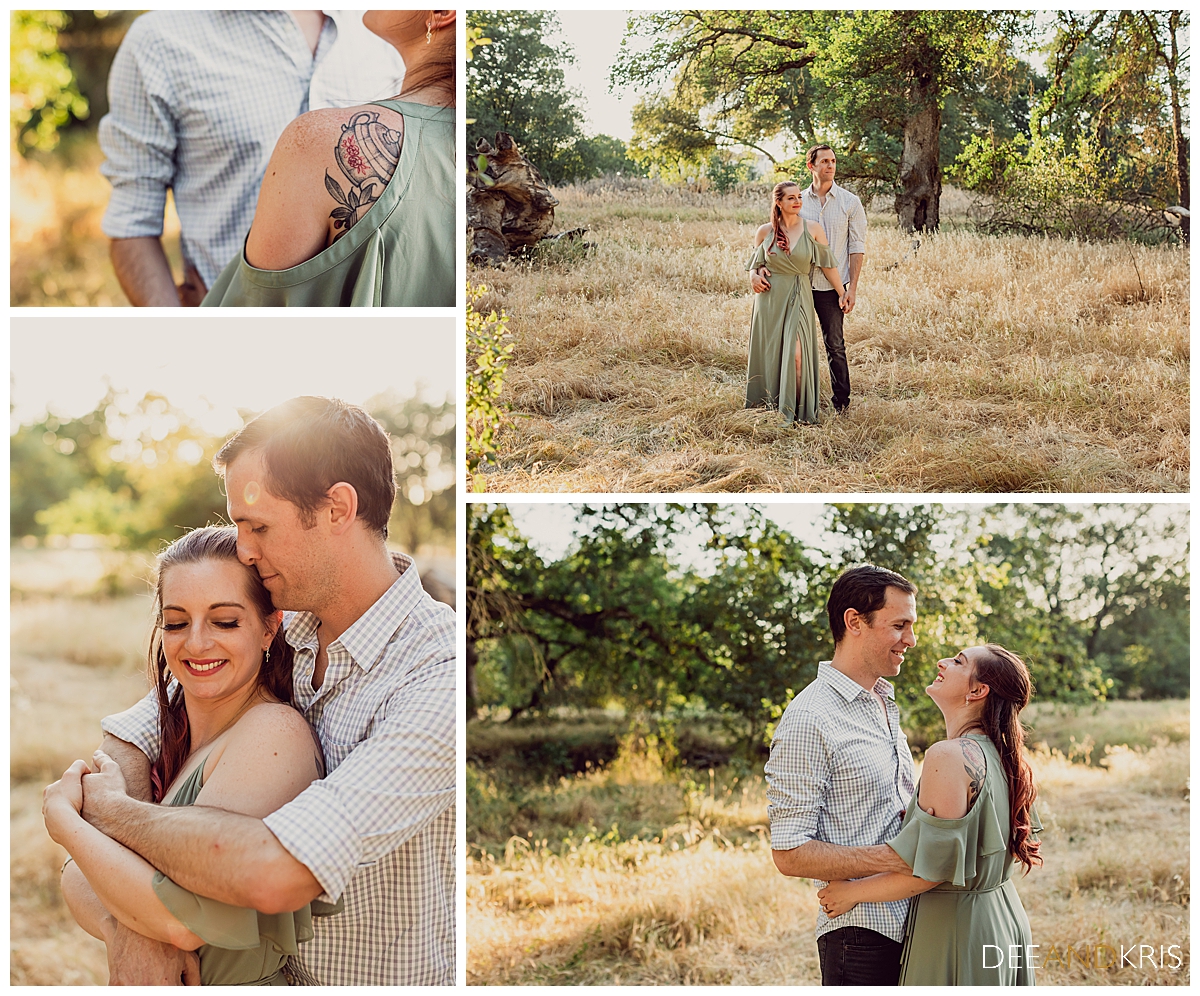 Four images: Top left image close up of woman's shoulder tattoo with man's chest behind her. Bottom left image of couple with man hugging from behind. Top right full body image of couple facing toward camera with woman in front as they hold hands and look to the right. Bottom right image of couple hugging and laughing.