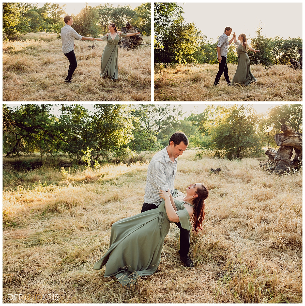 Three images of couple dancing in various poses in field of tall dried grass.