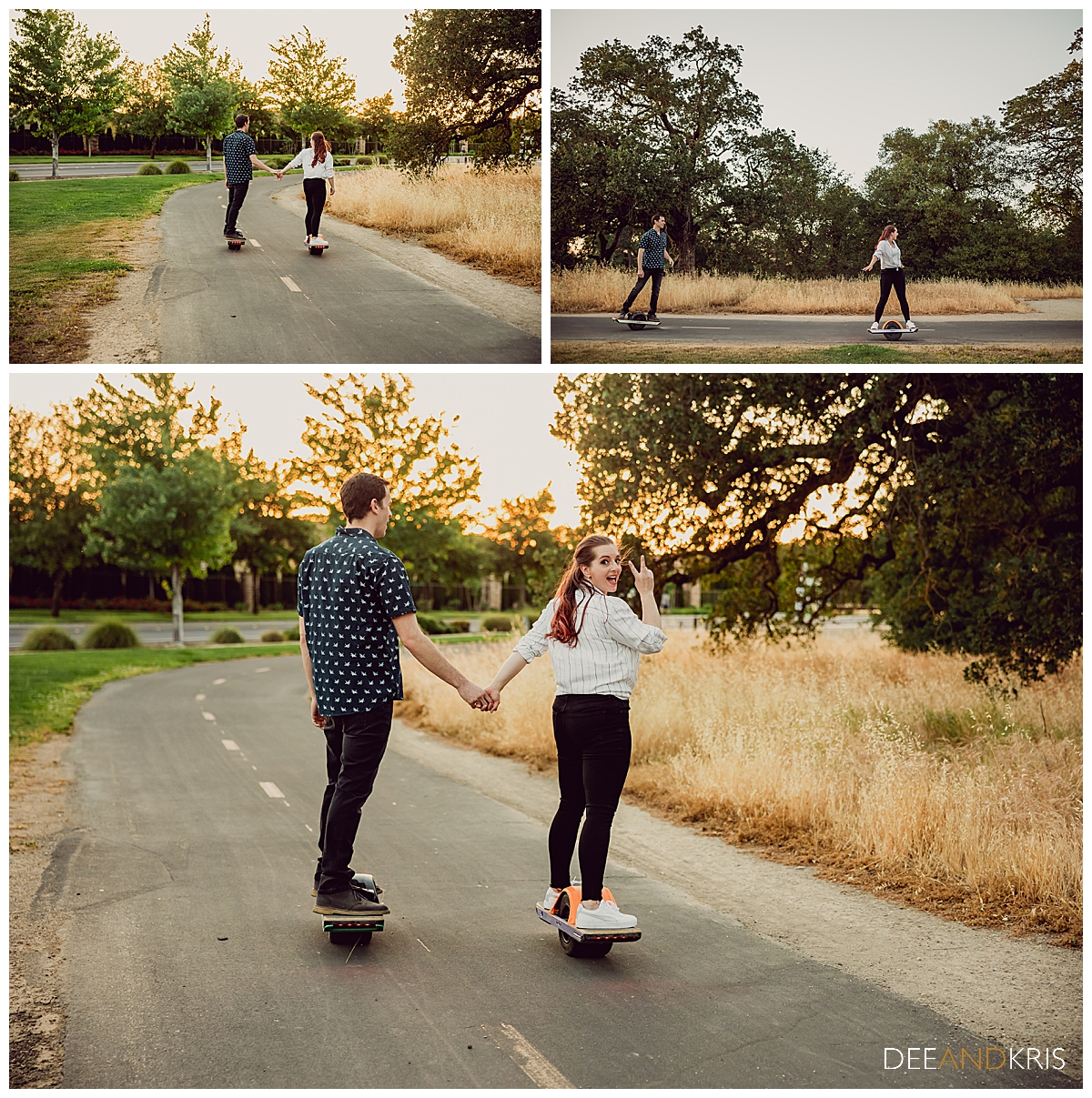 Three images: Top left image of couple holding hands on individual hover boards moving away from camera. Top right image of couple on individual hover boards taken from a side view. Bottom image of  couple on individual hover boards holding hand moving away from the camera as woman looks back with fingers in a peace sign.