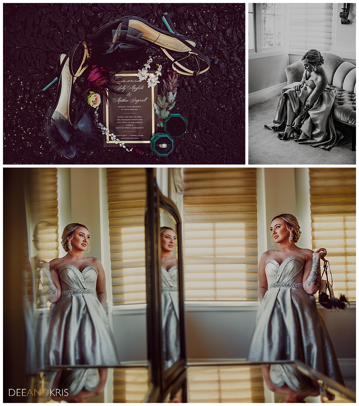 Three images: Top left layflat image of wedding details; invitation, jewelry, shoes, flowers. Top right black and white image of bride seated on settee putting shoes on. Bottom image of bride and her reflection holding shoes.
