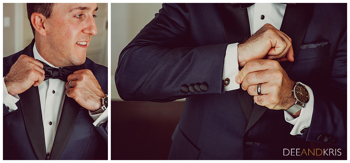 Two images: Left image of groom straightening his tie. Right image of groom adjusting cufflinks.