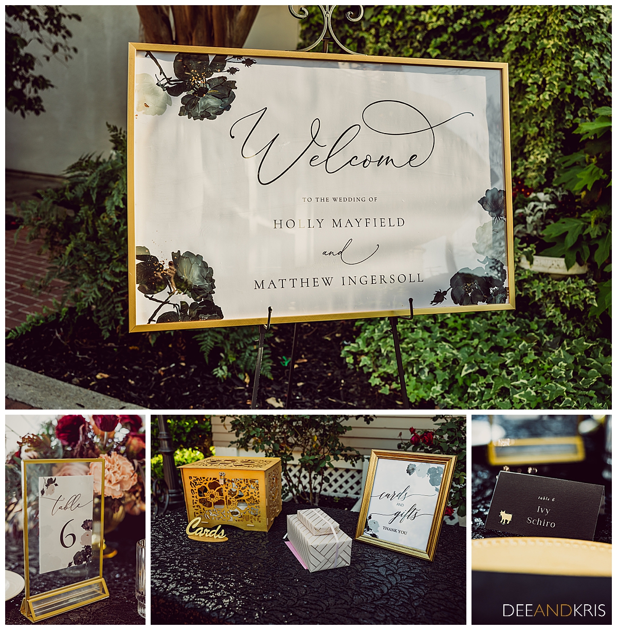 Four images of various signs for the wedding.
