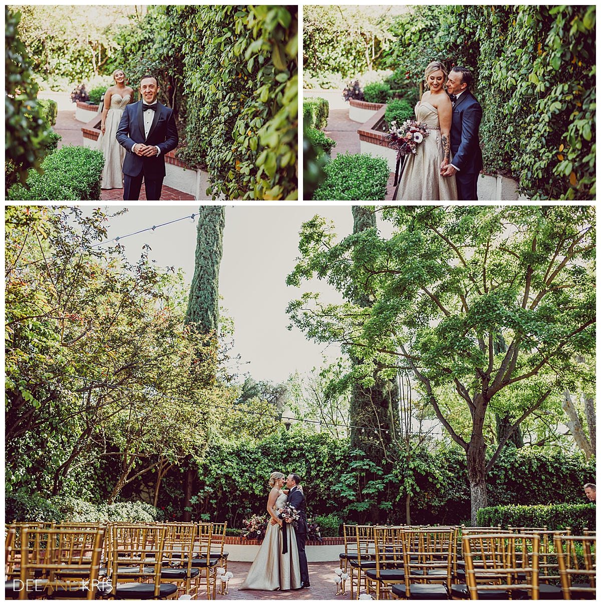 Three images of couple's first look: Top left image of bride walking up behind groom. Top Right image of bride and groom in reverse hug. Bottom image of bride and groom in front of empty guest