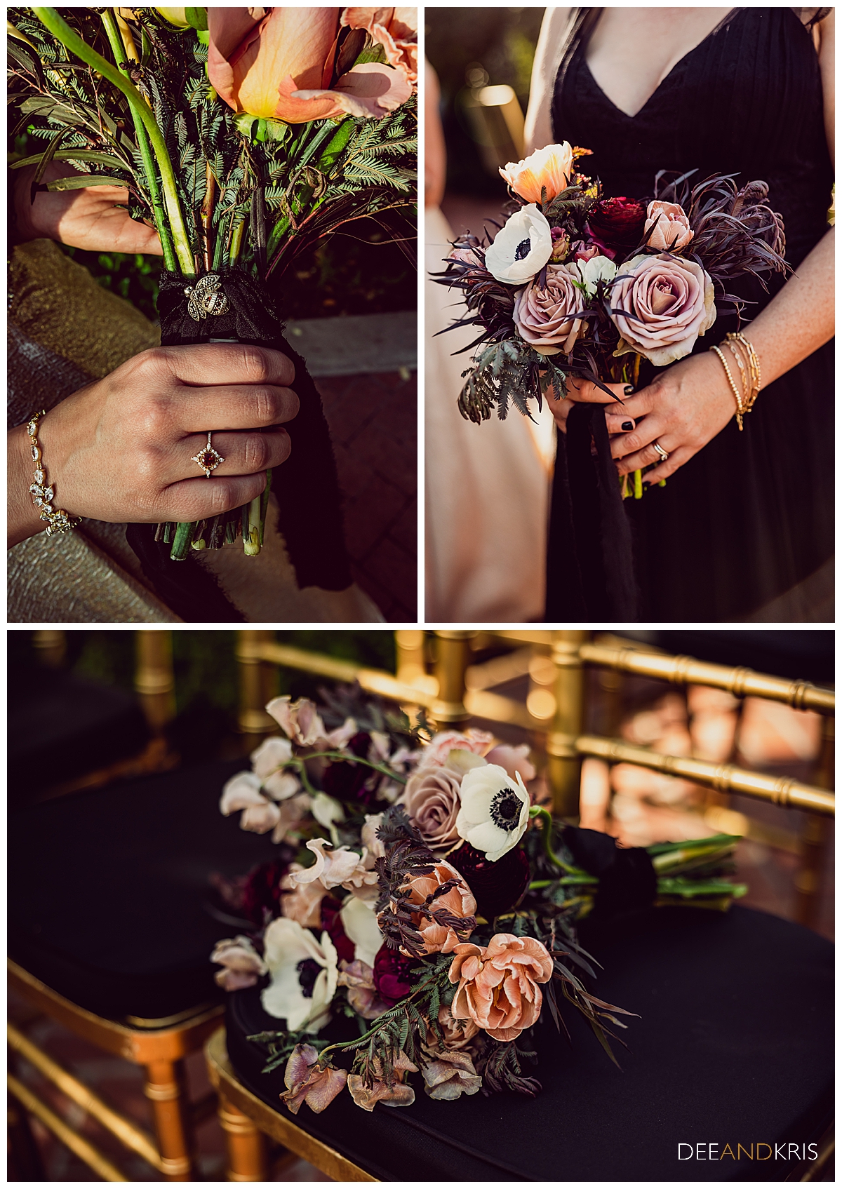Three images of bride's bouquet and bee charm and bridal party bouquet.