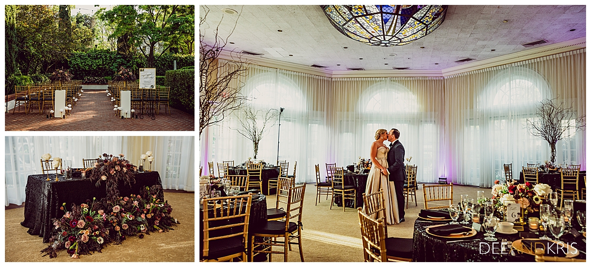 Three images: Top left image of Venue ceremony site before ceremony. Bottom left image of sweetheart's table with tablecloth and floral array. Right image of couple seeing reception site for first time and kissing,